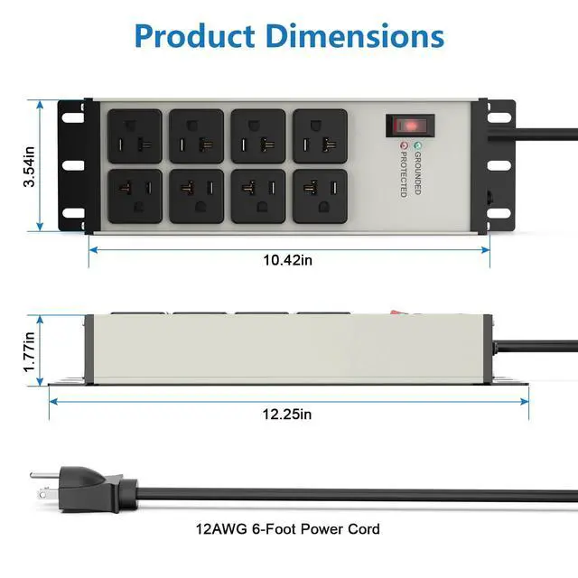 Alt view image 7 of 7 - Heavy Duty Power Strip 20 Amp, 12 Gauge Surge Protector, 6FT | 2500W Extension Cord with Multiple Outlets8 Ports Wall Mount for Garage, Workshop, ShopIndustrial