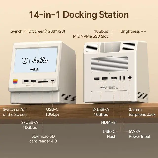 Alt view image 3 of 7 - M5 Retro Dock Station for Mac mini M4, 5inch HD Display, 10Gbps M.2 NVMe SSD Enclosure, SD/Micro SD Reader 4.0, 4*USB-A 1*USB-C 10Gbps, 3.5mm Earphone Jack