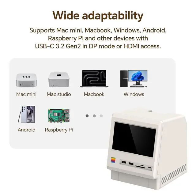 Alt view image 4 of 7 - M5 Retro Dock Station for Mac mini M4, 5inch HD Display, 10Gbps M.2 NVMe SSD Enclosure, SD/Micro SD Reader 4.0, 4*USB-A 1*USB-C 10Gbps, 3.5mm Earphone Jack