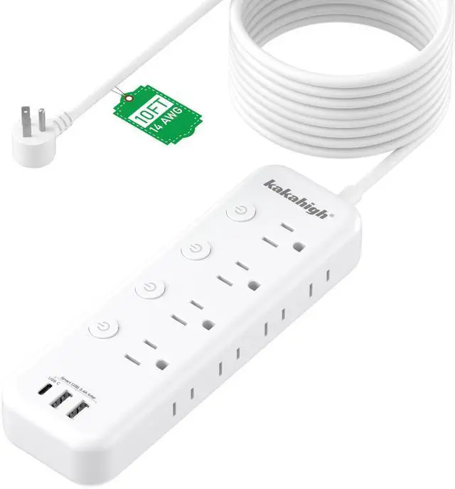 Main image of 10FT Heavy Duty Extension Cord with Individual Switches on Off | 1875W Appliance Extension Cord with USB Ports, 8 outlets, High Wattage for Microwave, Aquarium, Kitchen, Garage Must Have