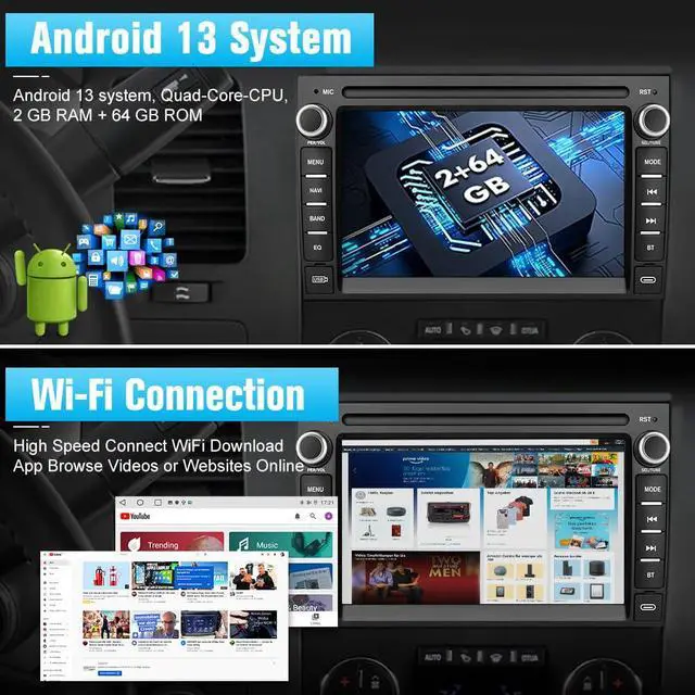 Alt view image 5 of 7 - Car Stereo for Chevy Silverado GMC Sierra Yukon 2007-2013, Android GPS Navigation Head Unit Radio Replacement with CarPlay Android Auto Multimedia Video Player - with Backup Camera