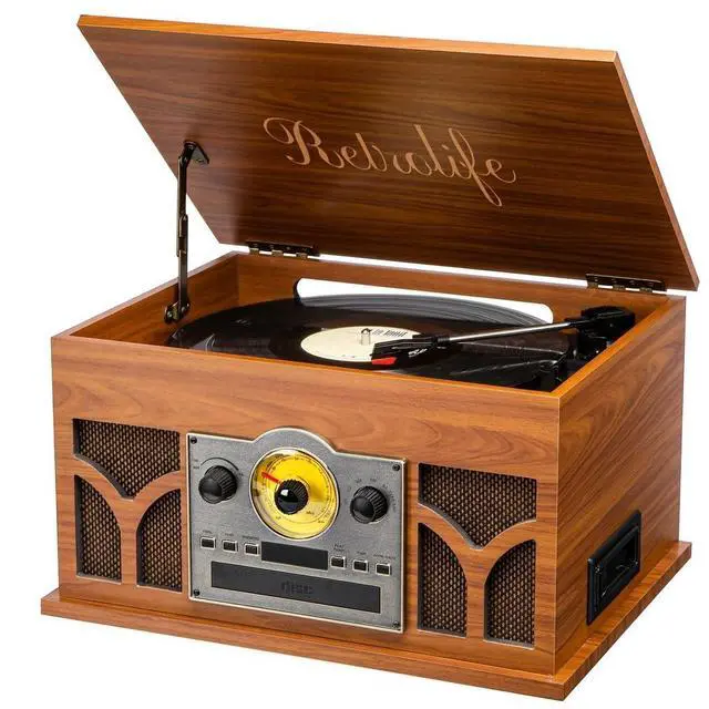 Main image of ® 10-in-1 Record Player with Speakers and Bluetooth, Mahogany | 3-Speed Belt-Drive Turntable, CD/Cassette/USB/AM-FM radio, Built-in Stereo Speakers, RCA Output,Real Wood,for 7/10/12 Vinyl
