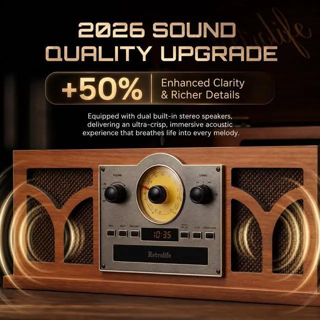 Alt view image 3 of 7 - ® 10-in-1 Record Player with Speakers and Bluetooth, Mahogany | 3-Speed Belt-Drive Turntable, CD/Cassette/USB/AM-FM radio, Built-in Stereo Speakers, RCA Output,Real Wood,for 7/10/12 Vinyl