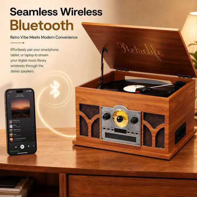 Alt view image 4 of 7 - ® 10-in-1 Record Player with Speakers and Bluetooth, Mahogany | 3-Speed Belt-Drive Turntable, CD/Cassette/USB/AM-FM radio, Built-in Stereo Speakers, RCA Output,Real Wood,for 7/10/12 Vinyl