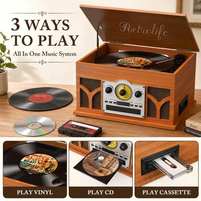 Alt view image 5 of 7 - ® 10-in-1 Record Player with Speakers and Bluetooth, Mahogany | 3-Speed Belt-Drive Turntable, CD/Cassette/USB/AM-FM radio, Built-in Stereo Speakers, RCA Output,Real Wood,for 7/10/12 Vinyl