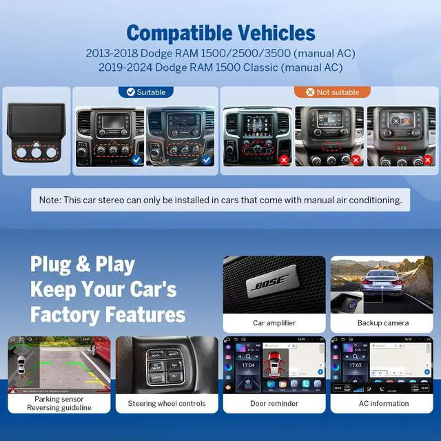 Alt view image 4 of 7 - 4+64GB 9" IPS Android Car Stereo for Dodge Ram 1500 2500 13-18 | DGRMX7A Manual AC Wireless CarPlay SWC built-in microphone plug play Screen Navigation head unit