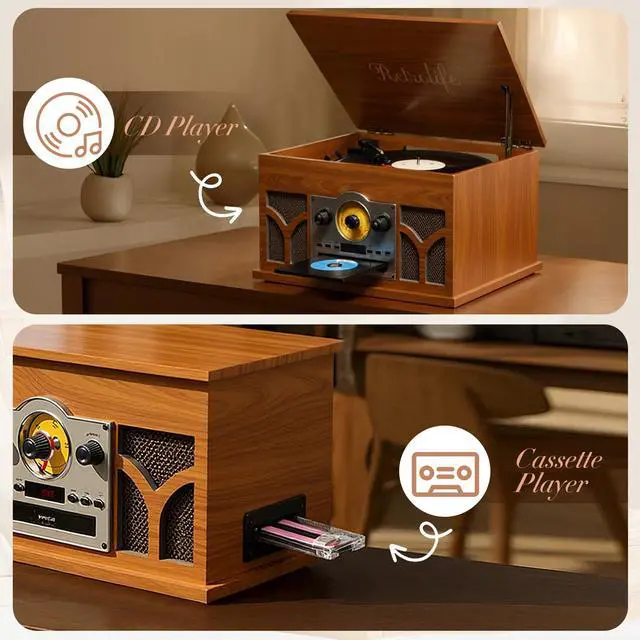 Alt view image 6 of 7 - ® 10-in-1 Record Player with Speakers and Bluetooth, Mahogany | 3-Speed Belt-Drive Turntable, CD/Cassette/USB/AM-FM radio, Built-in Stereo Speakers, RCA Output,Real Wood,for 7/10/12 Vinyl