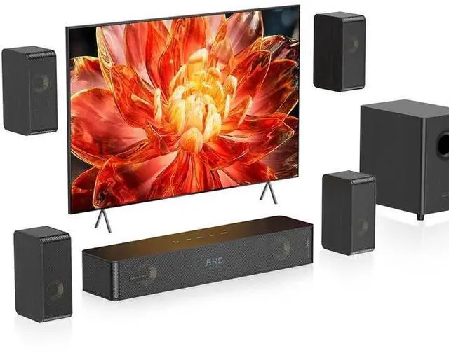 Main image of Wooden 5.1.2 Virtual Surround Sound System, 4 Surround Speakers Wired, 400W Peak Power, Sound Bars for Smart TV w/Subwoofer, 5.25'' Deep Bass, Home Theater TV System, ARC/Opt/BT/AUX
