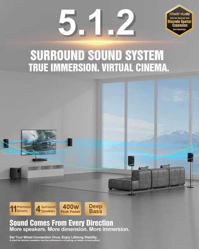 Alt view image 2 of 7 - Wooden 5.1.2 Virtual Surround Sound System, 4 Surround Speakers Wired, 400W Peak Power, Sound Bars for Smart TV w/Subwoofer, 5.25'' Deep Bass, Home Theater TV System, ARC/Opt/BT/AUX