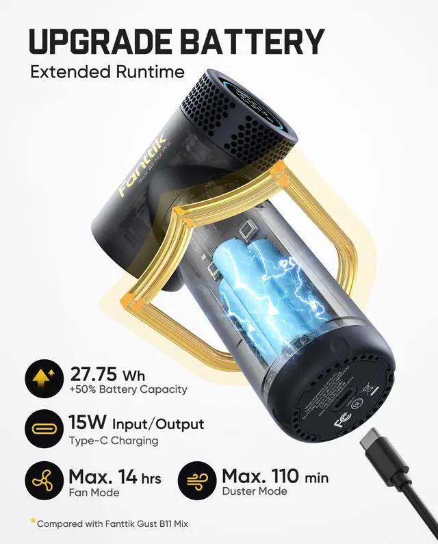 Alt view image 7 of 7 - Gust B11 Mix Pro 2-in-1 Electric Air Duster & Portable Fan | 130000RPM Brushless Motor, 100-Speed Adjustable, One-Tap Booster, Rechargeable Blower for PC, Electronics & Outdoor Cooling
