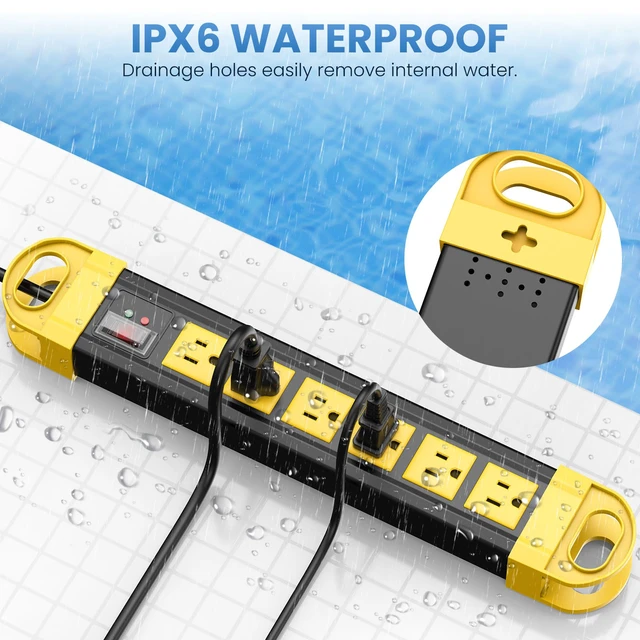 Alt view image 3 of 7 - Outdoor Power Strip Weatherproof, 2700J Surge Protector, Yellow 6Ft | IPX6 Waterproof 6 Plug Extender Port, Exterior Long Extension Cord with Multiple Outlets for Garden, Christmas Decor
