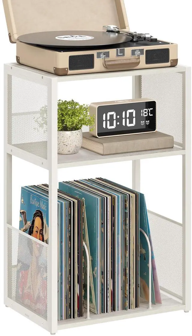 Main image of Record Player Stand, 3-Tier Side Table, Vinyl Record Storage up to 100 Albums, End Table for Living Room, Bedroom, Rustic White ULET275W01