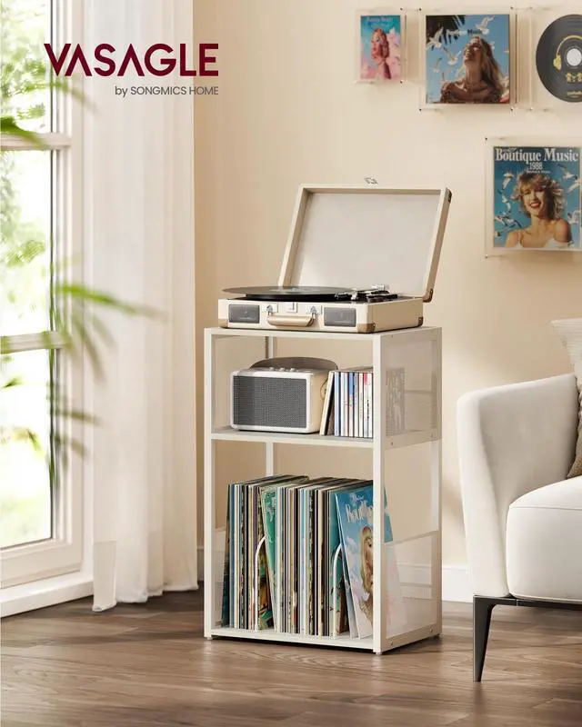 Alt view image 2 of 6 - Record Player Stand, 3-Tier Side Table, Vinyl Record Storage up to 100 Albums, End Table for Living Room, Bedroom, Rustic White ULET275W01