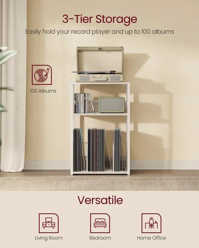 Alt view image 4 of 6 - Record Player Stand, 3-Tier Side Table, Vinyl Record Storage up to 100 Albums, End Table for Living Room, Bedroom, Rustic White ULET275W01