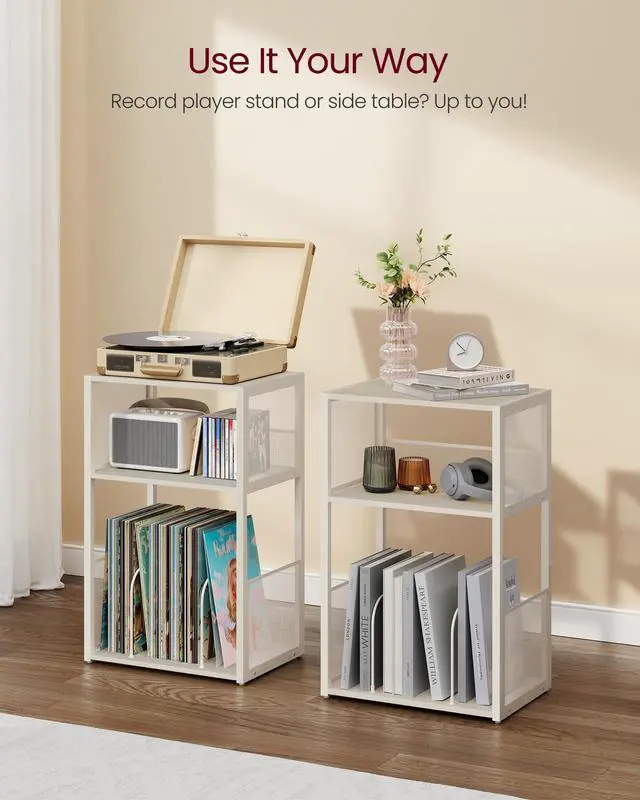 Alt view image 6 of 6 - Record Player Stand, 3-Tier Side Table, Vinyl Record Storage up to 100 Albums, End Table for Living Room, Bedroom, Rustic White ULET275W01