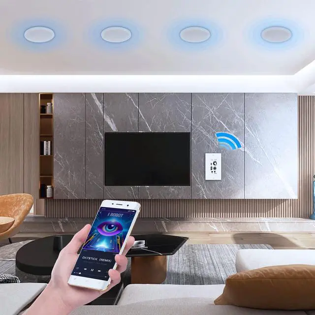 Alt view image 2 of 7 - 6.5'' Bluetooth Ceiling Speakers 600W 2-Way Flush Mount Speakers System with Wall Amplifier Receiver for Home Theater Office (2 Pairs, Paintable-Grille)