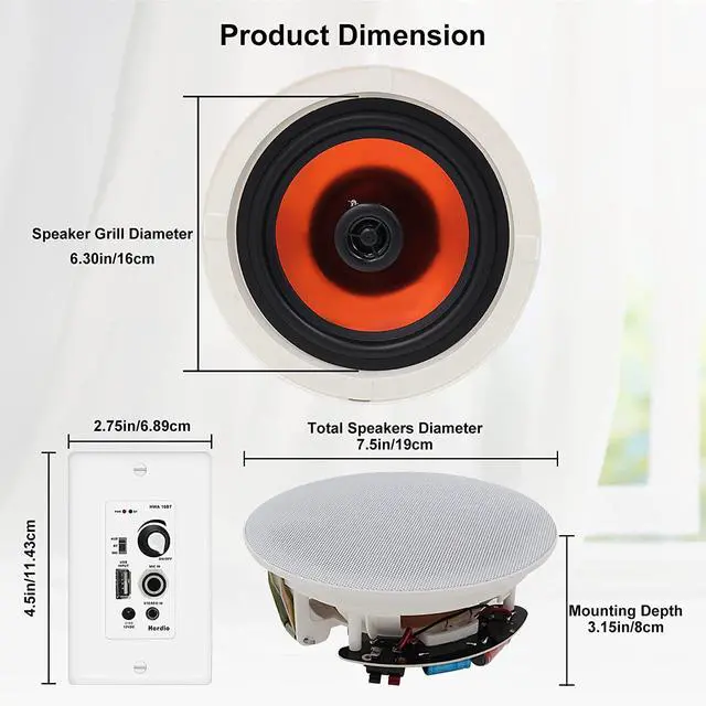Alt view image 6 of 7 - 6.5'' Bluetooth Ceiling Speakers 600W 2-Way Flush Mount Speakers System with Wall Amplifier Receiver for Home Theater Office (2 Pairs, Paintable-Grille)
