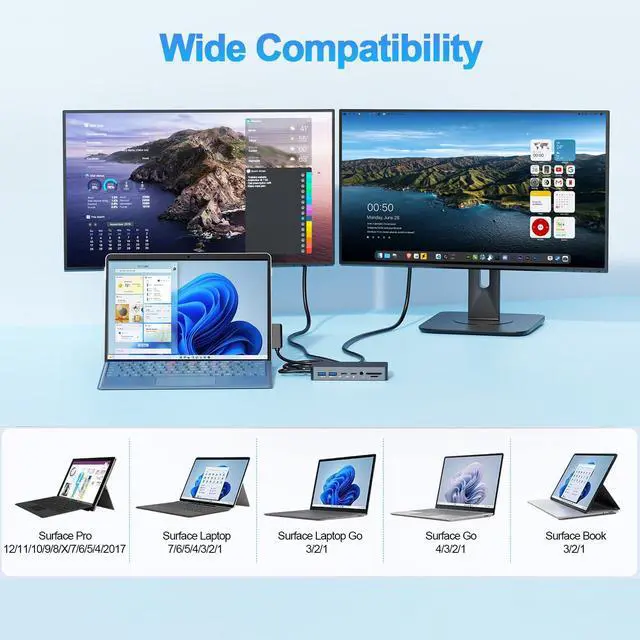 Alt view image 6 of 7 - Surface Docking Station Triple Displays Dual HDMI + VGA with Power Adapter,12 in 1 Surface Dock 2 for Microsoft Surface Pro 12/11/10/9/8/X/7/6/5/4/3,Surface Laptop 7/6/5/4/3/2/1,Surface Book Go