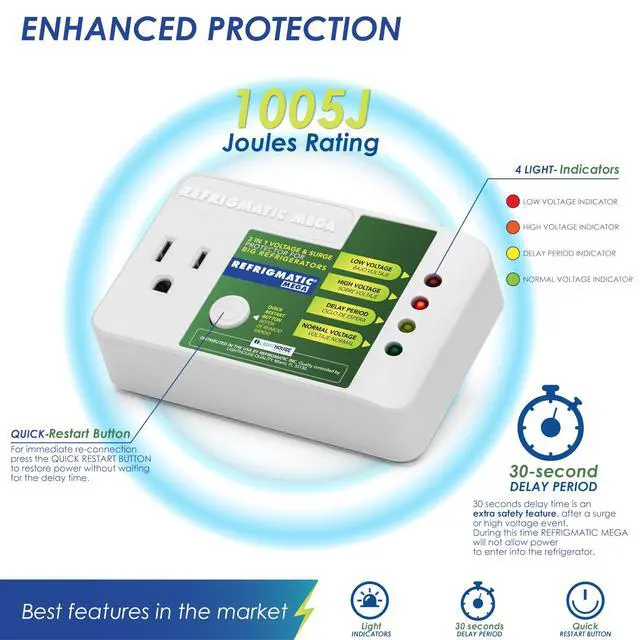 Alt view image 2 of 7 - Mega Voltage & Surge Protector for Large Refrigerators | 1005J rating, ideal for refrigerators 27 cu. ft. and larger. Includes quick restart button and LED indicator system