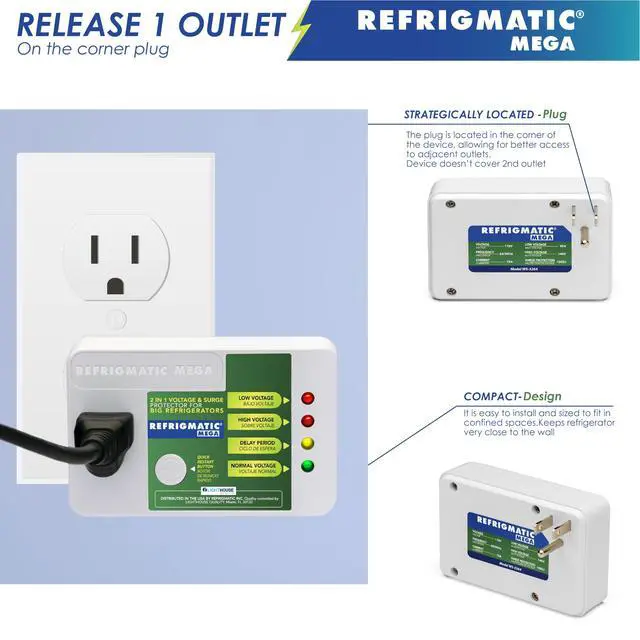 Alt view image 3 of 7 - Mega Voltage & Surge Protector for Large Refrigerators | 1005J rating, ideal for refrigerators 27 cu. ft. and larger. Includes quick restart button and LED indicator system