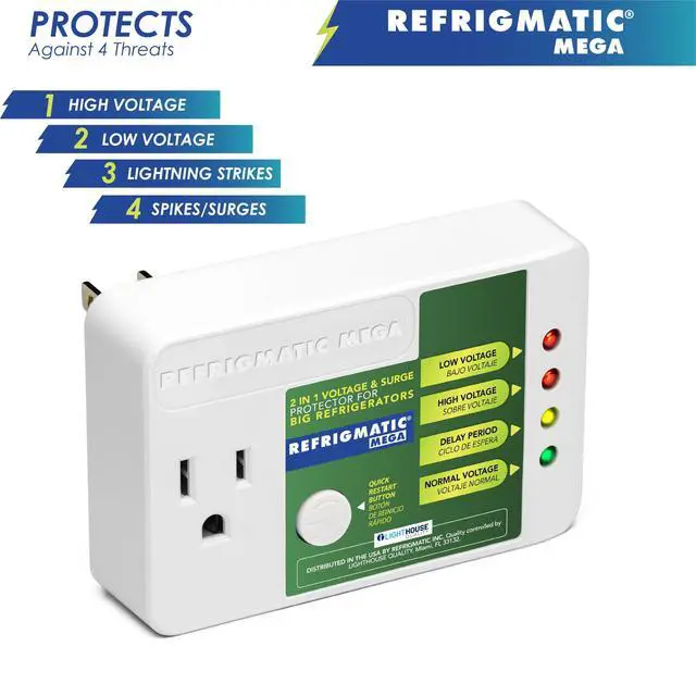 Alt view image 4 of 7 - Mega Voltage & Surge Protector for Large Refrigerators | 1005J rating, ideal for refrigerators 27 cu. ft. and larger. Includes quick restart button and LED indicator system