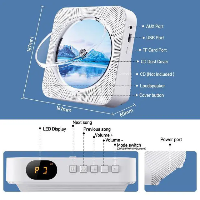 Alt view image 2 of 7 - CD Player Bluetooth Desktop for Home with HiFi Speakers FM/USB/AUX/SD White | Portable CD Player Bluetooth Speakers,FM Radio,Vertical,Kids,Small CD Player,boombox,LED Display,Remote Control,Dust Cover