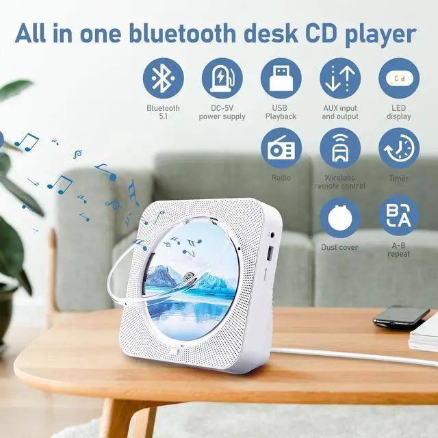 Alt view image 3 of 7 - CD Player Bluetooth Desktop for Home with HiFi Speakers FM/USB/AUX/SD White | Portable CD Player Bluetooth Speakers,FM Radio,Vertical,Kids,Small CD Player,boombox,LED Display,Remote Control,Dust Cover