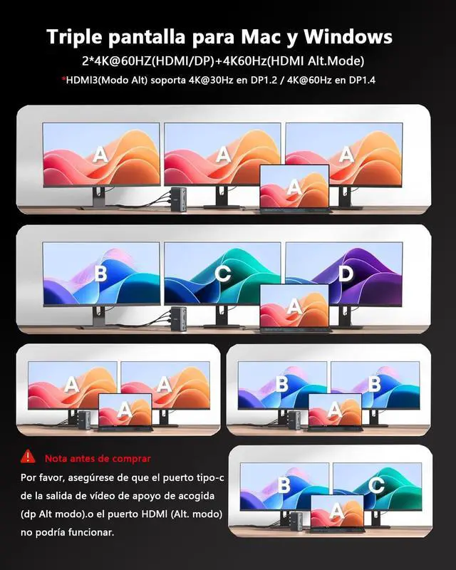Alt view image 3 of 6 - Docking Station 3 Monitors, Triple 4K@60Hz for MacBook M1/M2/M3/M4/Windows, Displaylink Dock with 3X HDMI or 2X DisplayPort, 130WPD,5 USB Ports, Ethernet, Audio, SD/TF