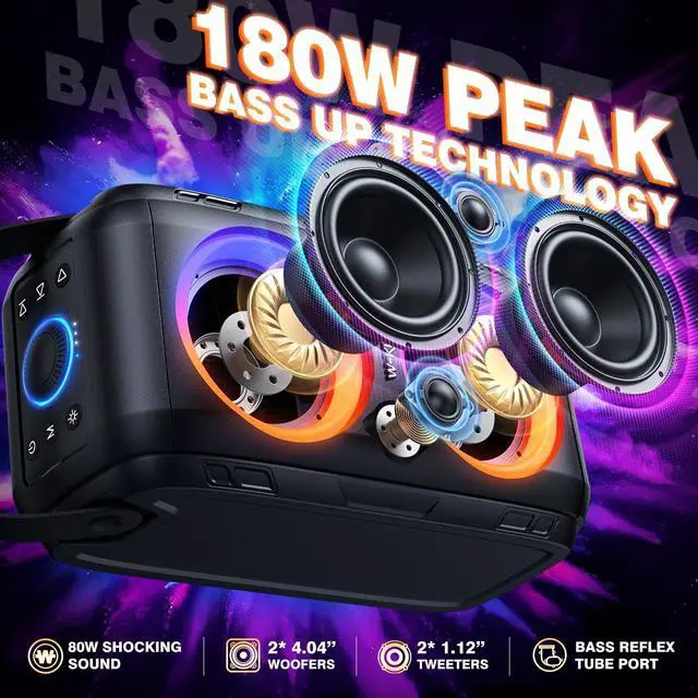 Alt view image 2 of 7 - Party Bluetooth Speaker Boom Box, 180W Max Big Large Speaker | 105dB Loudest Wireless Outdoor Portable Speaker 4 Drivers with 2*4.04'' Subwoofer, 80W HD Huge Deep Bass, IPX5/24H/EQ/USB/TF