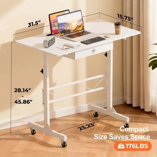 Alt view image 2 of 7 - Small Standing Desk with Storage Drawer, Mobile Height Adjustable Rolling Sit Stand Desk with Lockable Wheels 4Level Portable Laptop Desk for Small Space Home Office Treadmill Workstation