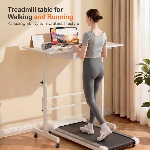 Alt view image 3 of 7 - Small Standing Desk with Storage Drawer, Mobile Height Adjustable Rolling Sit Stand Desk with Lockable Wheels 4Level Portable Laptop Desk for Small Space Home Office Treadmill Workstation