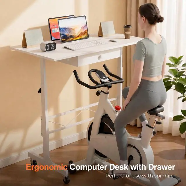 Alt view image 4 of 7 - Small Standing Desk with Storage Drawer, Mobile Height Adjustable Rolling Sit Stand Desk with Lockable Wheels 4Level Portable Laptop Desk for Small Space Home Office Treadmill Workstation