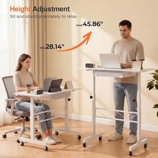 Alt view image 6 of 7 - Small Standing Desk with Storage Drawer, Mobile Height Adjustable Rolling Sit Stand Desk with Lockable Wheels 4Level Portable Laptop Desk for Small Space Home Office Treadmill Workstation