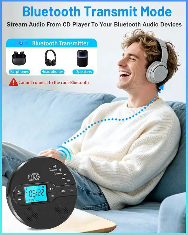 Alt view image 4 of 7 - Portable CD Player with Bluetooth & Speaker, FM Transmitter for Car