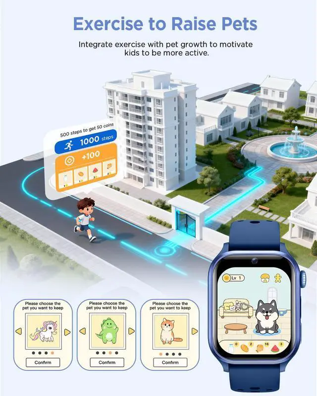 Alt view image 3 of 7 - Smart Watch for Kids No App or Phone Needed, IP68 Waterproof, Flashlight | Kid Fitness Watches Pedometer, 24/7 Heart Rate, Sleep Monitor, Puzzle Games for Boys&Girls Ages 4-12, Blue