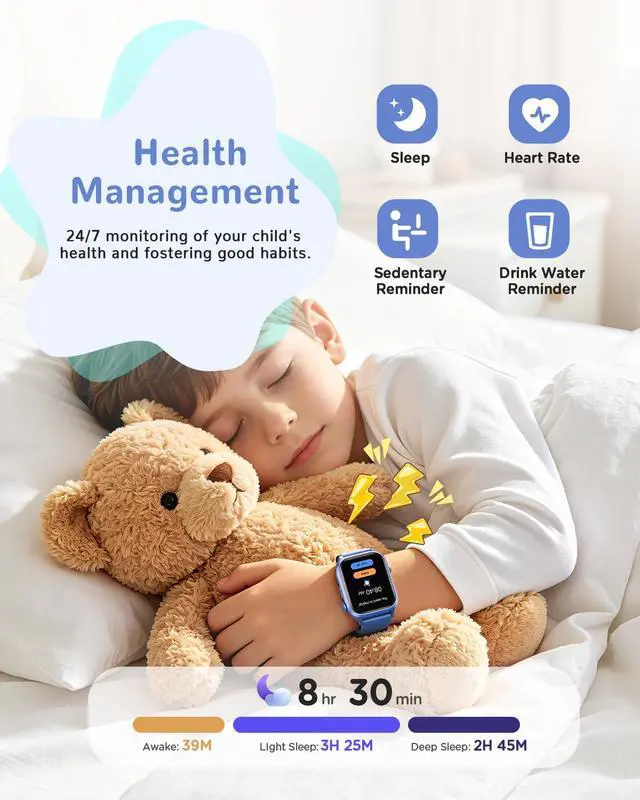 Alt view image 4 of 7 - Smart Watch for Kids No App or Phone Needed, IP68 Waterproof, Flashlight | Kid Fitness Watches Pedometer, 24/7 Heart Rate, Sleep Monitor, Puzzle Games for Boys&Girls Ages 4-12, Blue