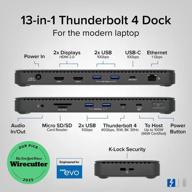 Alt view image 2 of 7 - Thunderbolt 4 Dock, 100W Charging (96W Certified), Dual HDMI Docking Station for Windows and Mac, Single 8K or Dual 4K 60Hz, 40Gbps, 13 Ports with Ethernet, SD/microSD (TBT4-UD5)