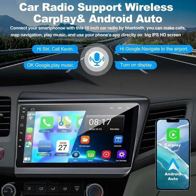 Alt view image 3 of 7 - 4G+64G Car Radio for Honda Civic 2012-2015 with Wireless Carpaly & Android Auto,9 Inch IPS Touch Screen Car Stereo with GPS Navigation/Bluetooth 5.2/FM/Backup Camera/WiFi/SWC/HiFi