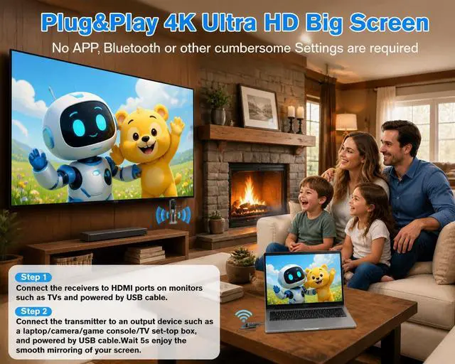 Alt view image 4 of 7 - Upgraded Wireless HDMI 4 Receivers and Transmitter with LED Screen, Up to 6 RXs,165FT Plug & Play 1080P HD Output 5.8GHz Extender for TV Box/Laptop/Projector/Camera to Multiple Screens