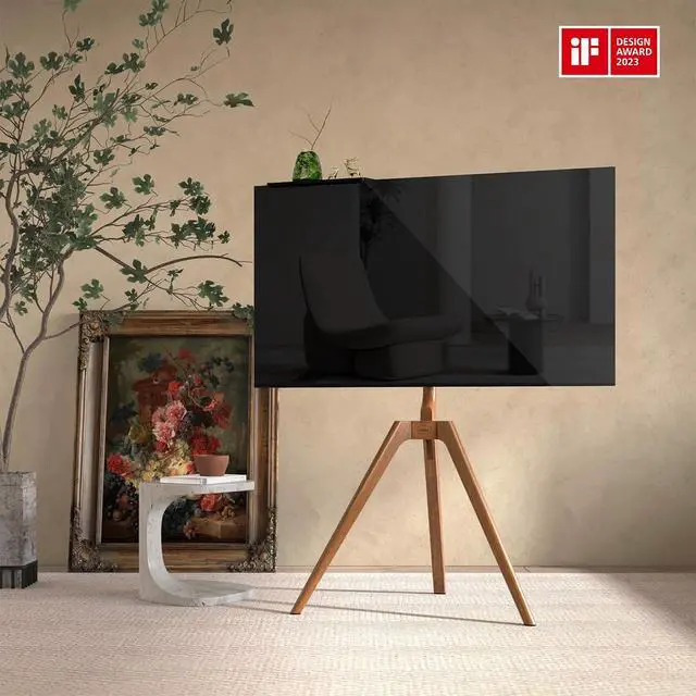 Alt view image 2 of 7 - Solid Wood Easel TV Stand for 45-65'' TVs, Hidden Cable, Walnut | Stability, Easy to Assemble, Top Shelf, Swivel, Tripod TV Stand, Max VESA 400x400, Max holds 88lbs, Living room, Corner