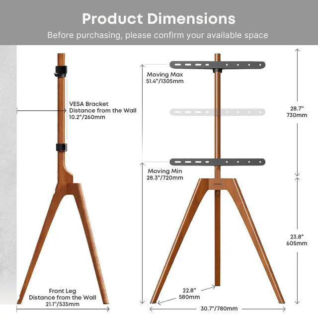 Alt view image 3 of 7 - Solid Wood Easel TV Stand for 45-65'' TVs, Hidden Cable, Walnut | Stability, Easy to Assemble, Top Shelf, Swivel, Tripod TV Stand, Max VESA 400x400, Max holds 88lbs, Living room, Corner