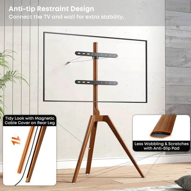 Alt view image 7 of 7 - Solid Wood Easel TV Stand for 45-65'' TVs, Hidden Cable, Walnut | Stability, Easy to Assemble, Top Shelf, Swivel, Tripod TV Stand, Max VESA 400x400, Max holds 88lbs, Living room, Corner