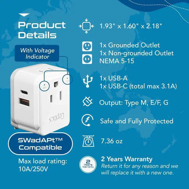 Alt view image 3 of 7 - South Africa Power Adapter Travel Set - 20W PD & QC, Fast & Safe with Dual USB & USB-C - 2 USA Outlet - Use All Over Africa, Zimbabwe, Morocco - Includes Type E/F, M, G SWadAPt Attachments