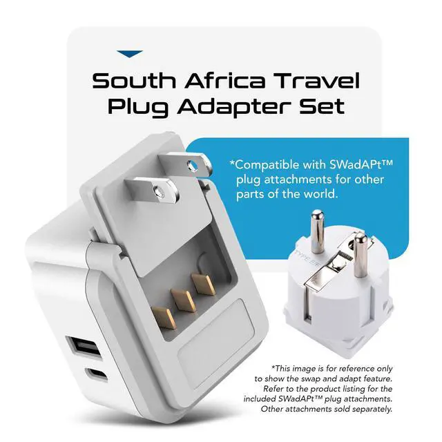 Alt view image 7 of 7 - South Africa Power Adapter Travel Set - 20W PD & QC, Fast & Safe with Dual USB & USB-C - 2 USA Outlet - Use All Over Africa, Zimbabwe, Morocco - Includes Type E/F, M, G SWadAPt Attachments