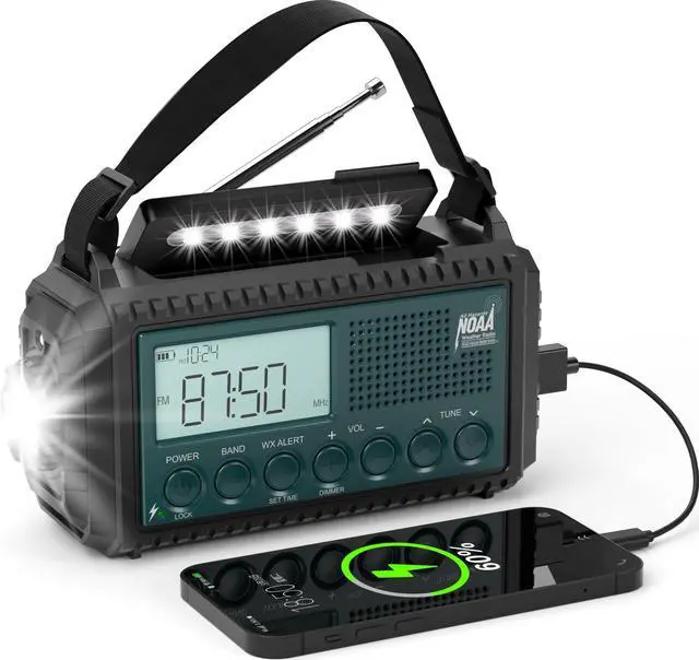Main image of Emergency Crank Weather Radio with NOAA Auto Alerts and Shortwave, 5000mAh | Solar Charging, AM/FM/SW, Flashlight, Reading Lamp, SOS Alarm, Phone Charger, Time Clock and Large LCD Display