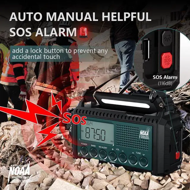 Alt view image 2 of 7 - Emergency Crank Weather Radio with NOAA Auto Alerts and Shortwave, 5000mAh | Solar Charging, AM/FM/SW, Flashlight, Reading Lamp, SOS Alarm, Phone Charger, Time Clock and Large LCD Display