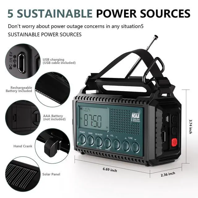 Alt view image 3 of 7 - Emergency Crank Weather Radio with NOAA Auto Alerts and Shortwave, 5000mAh | Solar Charging, AM/FM/SW, Flashlight, Reading Lamp, SOS Alarm, Phone Charger, Time Clock and Large LCD Display