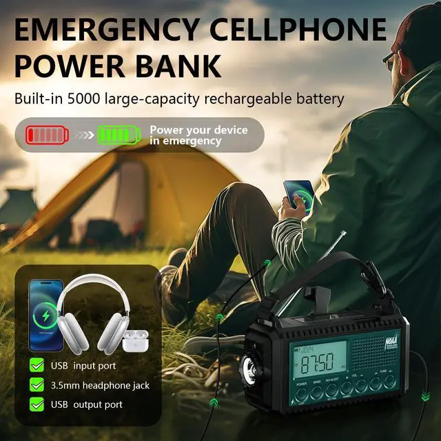 Alt view image 4 of 7 - Emergency Crank Weather Radio with NOAA Auto Alerts and Shortwave, 5000mAh | Solar Charging, AM/FM/SW, Flashlight, Reading Lamp, SOS Alarm, Phone Charger, Time Clock and Large LCD Display