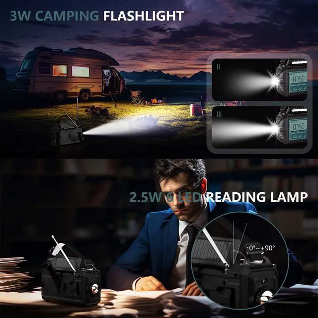 Alt view image 5 of 7 - Emergency Crank Weather Radio with NOAA Auto Alerts and Shortwave, 5000mAh | Solar Charging, AM/FM/SW, Flashlight, Reading Lamp, SOS Alarm, Phone Charger, Time Clock and Large LCD Display