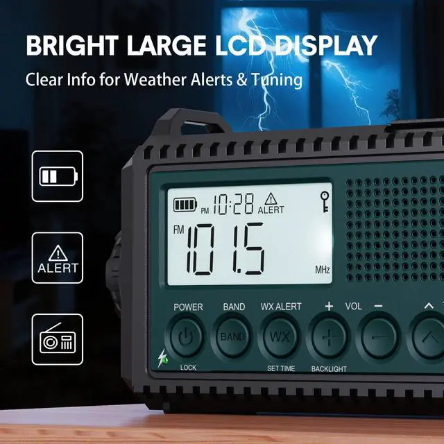 Alt view image 6 of 7 - Emergency Crank Weather Radio with NOAA Auto Alerts and Shortwave, 5000mAh | Solar Charging, AM/FM/SW, Flashlight, Reading Lamp, SOS Alarm, Phone Charger, Time Clock and Large LCD Display